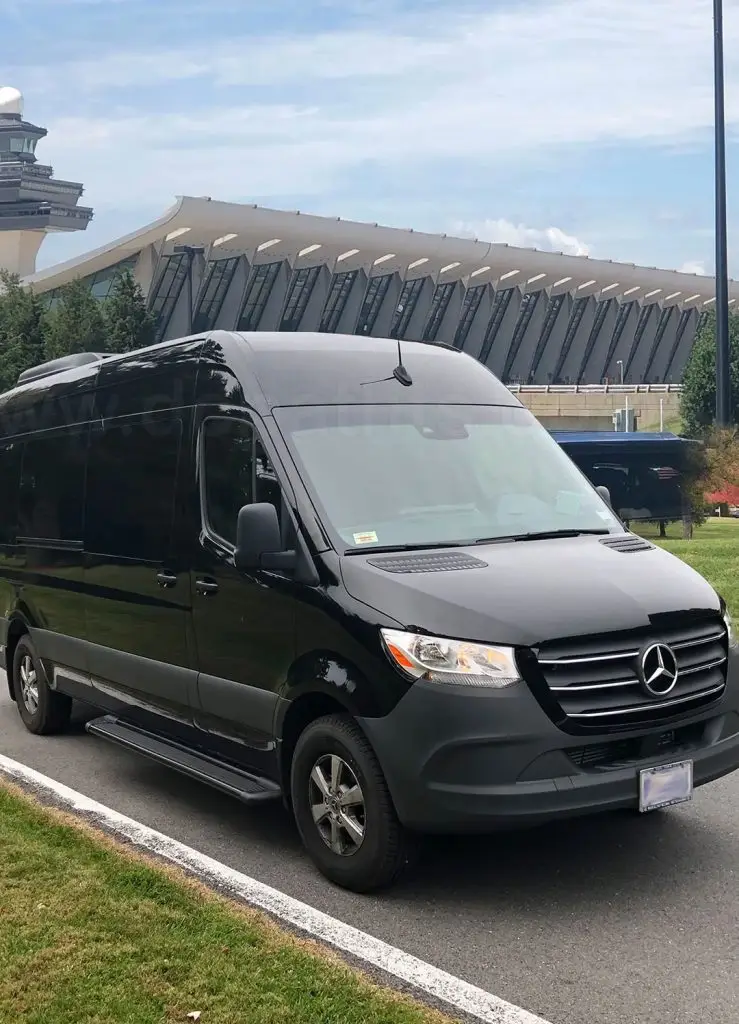 Black Mercedes Sprinter chauffeur van providing professional limousine service in the South Bay