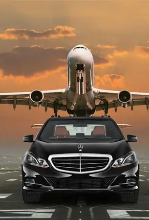 Executive airport transfer with luxury sedan and aircraft