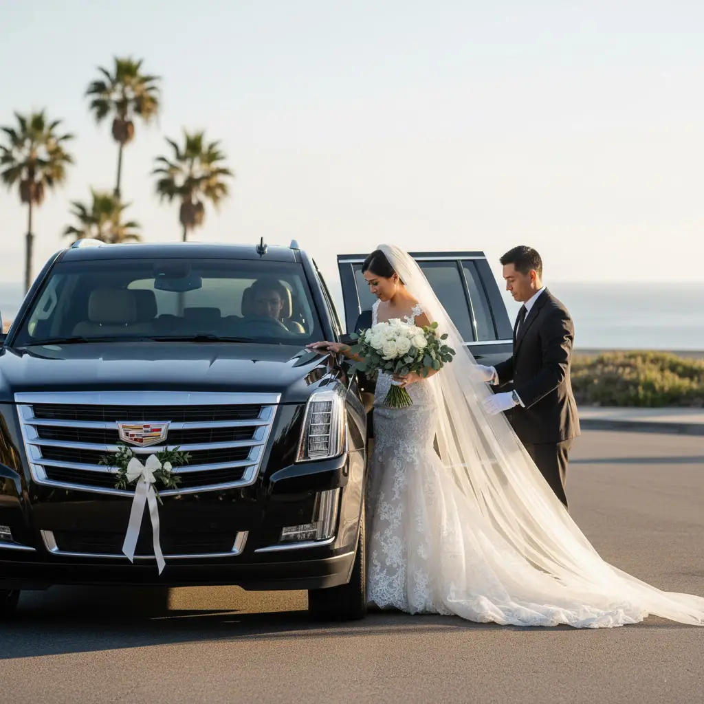 Luxury Wedding Transportation South Bay - Bride entering premium black SUV with chauffeur.