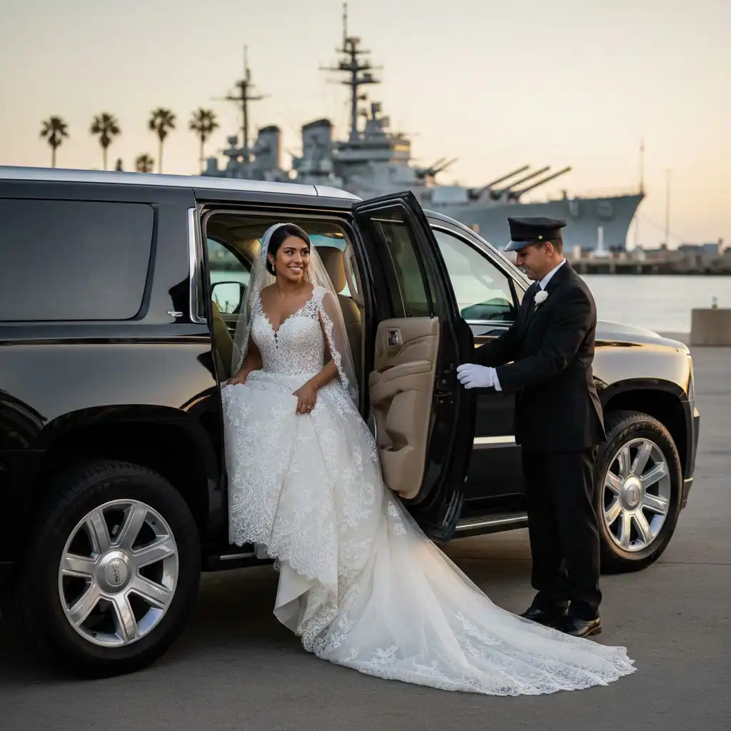 Bride in wedding dress entering a luxury SUV provided by wedding transportation San Pedro CA service.