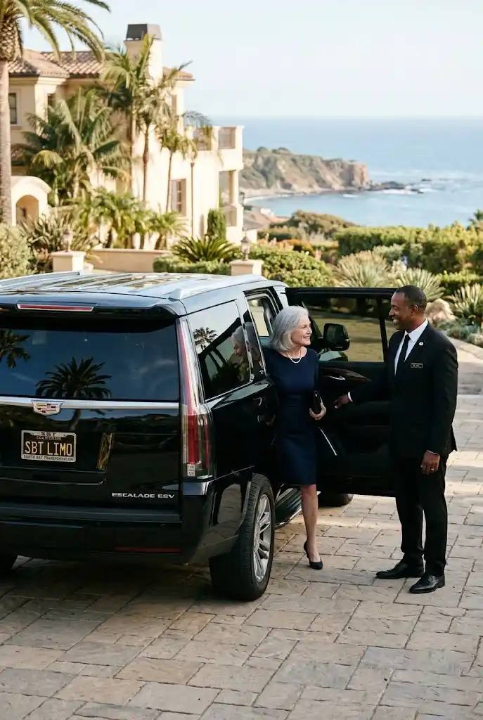 Professional chauffeur greeting a passenger in Montecito for Santa Barbara to LAX private car service.