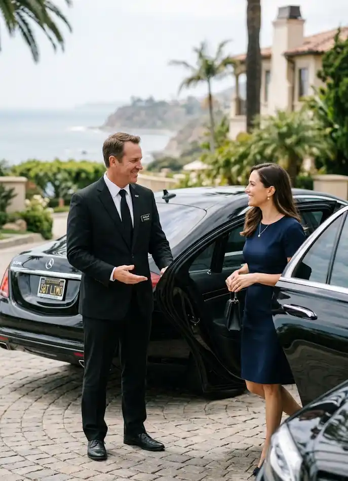 A professional chauffeur greets an executive passenger for discrete, luxury private car service from Montecito, Santa Barbara, to LAX.