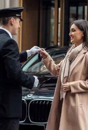 A woman in stylish professional attire smiling as she accepts a vehicle key from a uniformed chauffeur standing by a luxury black car. Service is Orange County to and from LAX.
