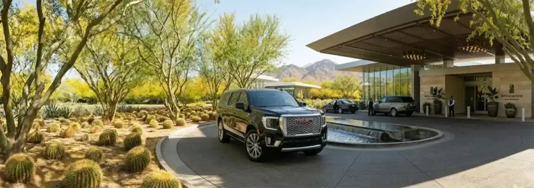 Black luxury SUV providing professional Rancho Mirage Limo Service at the Ritz-Carlton motorcourt entrance, specializing in long-distance transfers by South Bay Transportation Services.