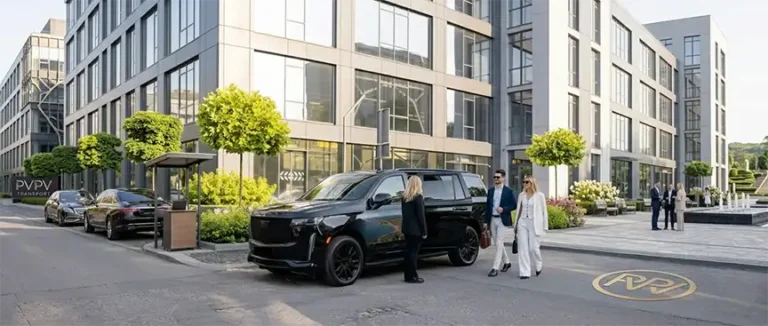 Black Escalade point-to-point car service in Palos Verdes Peninsula with chauffeur and clients.